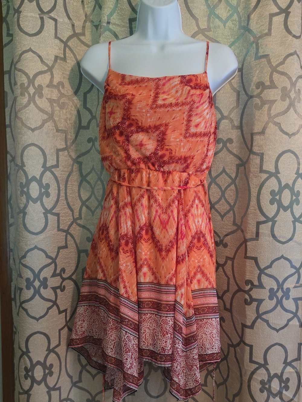 Emerald Sundae Orange Printed Asymmetrical Spaghetti-Strap Dress